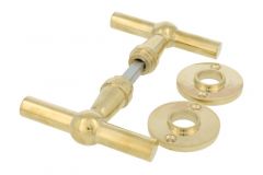 Deurklink T model "Chemin de fer" ongelakt messing stel